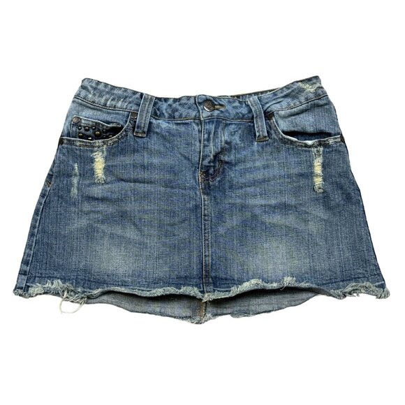 Hint Jeans Womens Blue Denim Skirt Distressed Studded Pockets Medium Wash Size 5 - Picture 1 of 12
